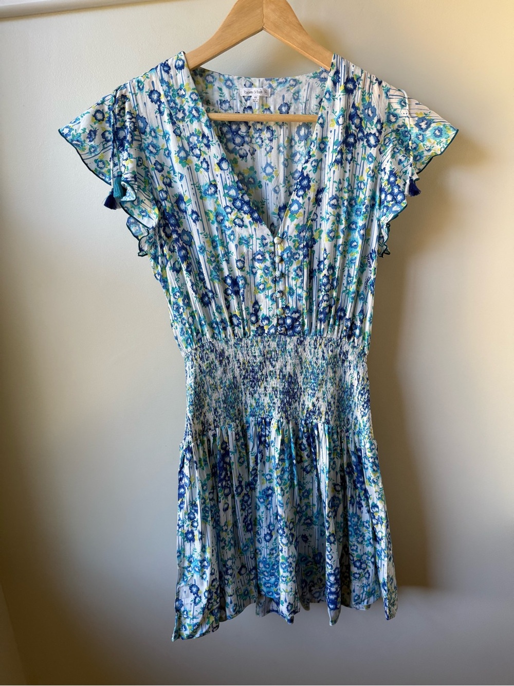 POUPETTE ST BARTH Floral Mini Dress Smocked Tassels Flutter Sleeves Resort XS